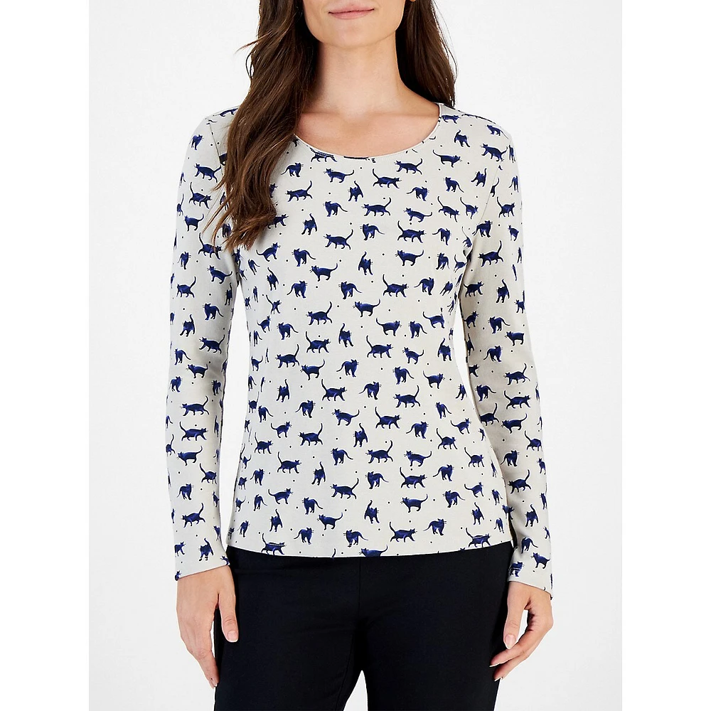 Shadow Play Cat-Print Long-Sleeve Scoopneck Top