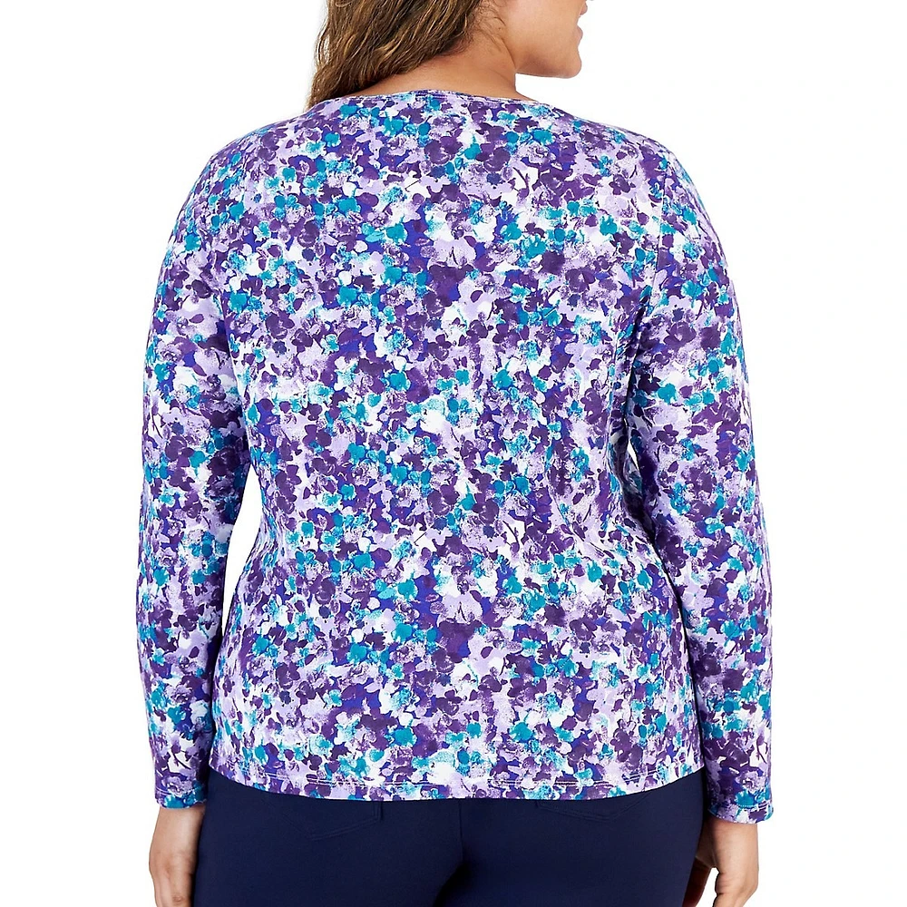 Plus Petal-Print Long-Sleeve Scoopneck Top