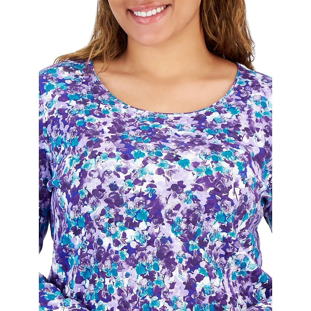 Plus Petal-Print Long-Sleeve Scoopneck Top