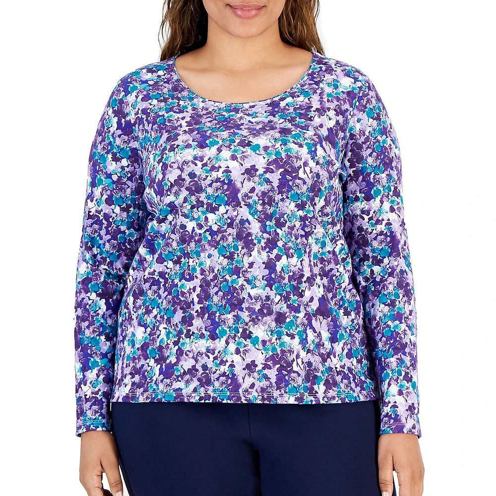 Plus Petal-Print Long-Sleeve Scoopneck Top