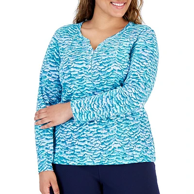 Plus Venetian Strokes Printed Long-Sleeve Henley Top