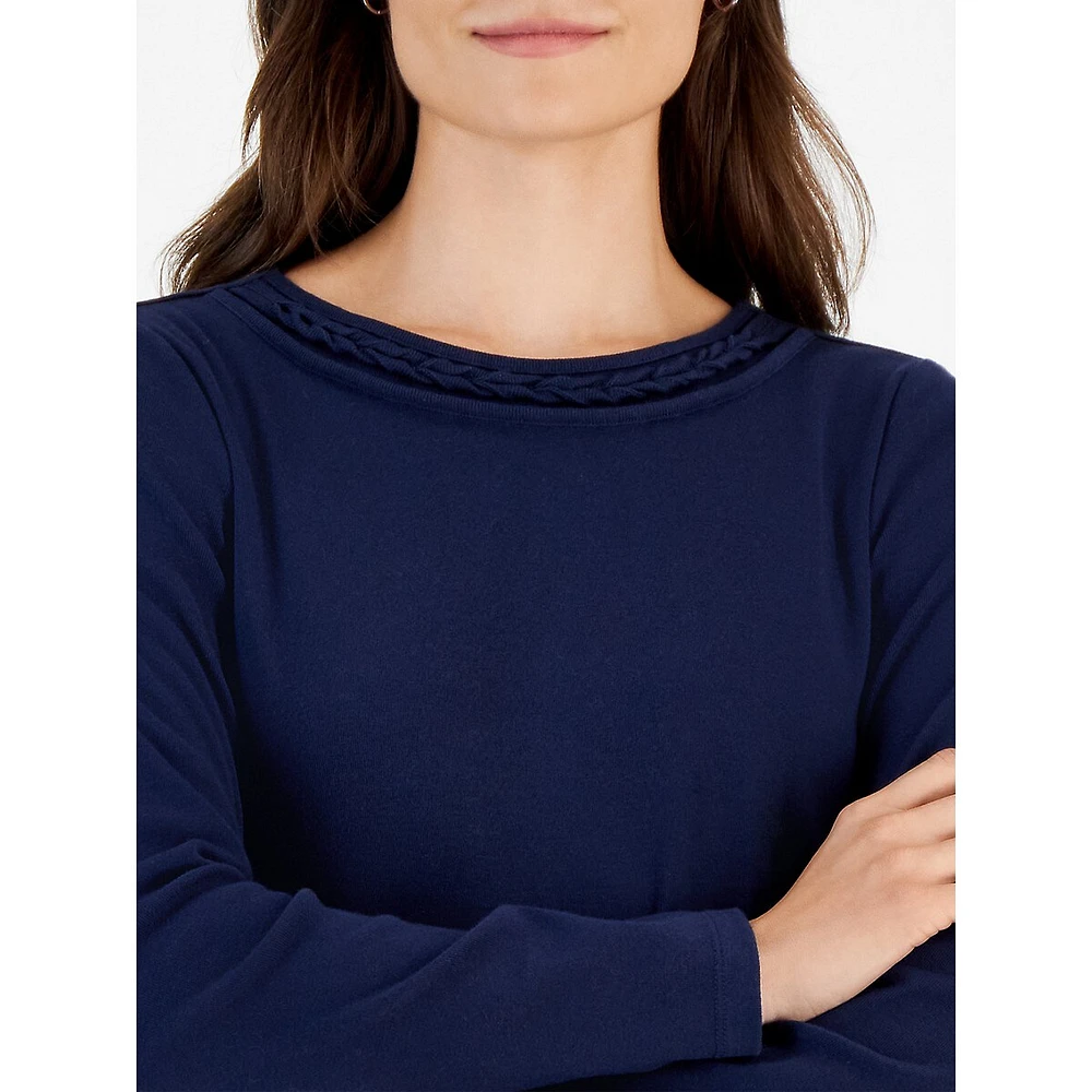 Braided-Neck Long-Sleeve Top