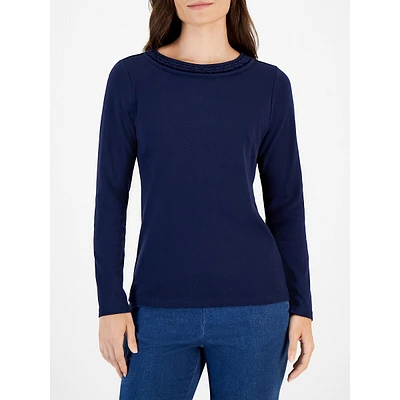 Braided-Neck Long-Sleeve Top