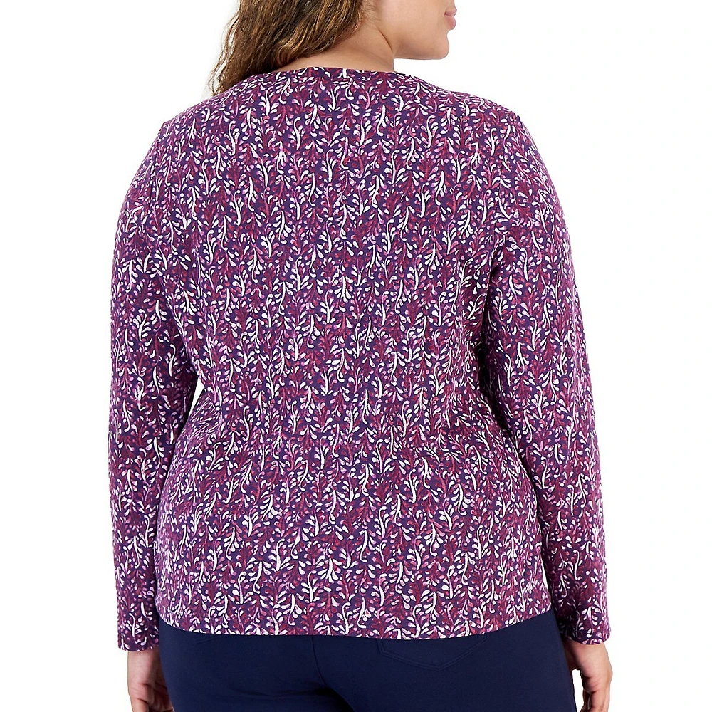 Plus Fern Folly Printed Long-Sleeve Henley Top