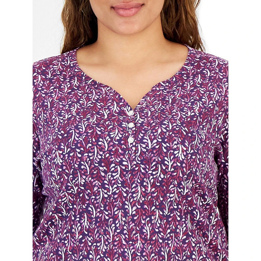 Plus Fern Folly Printed Long-Sleeve Henley Top