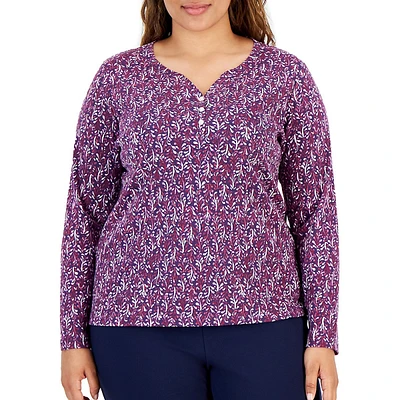 Plus Fern Folly Printed Long-Sleeve Henley Top