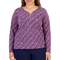 Plus Fern Folly Printed Long-Sleeve Henley Top