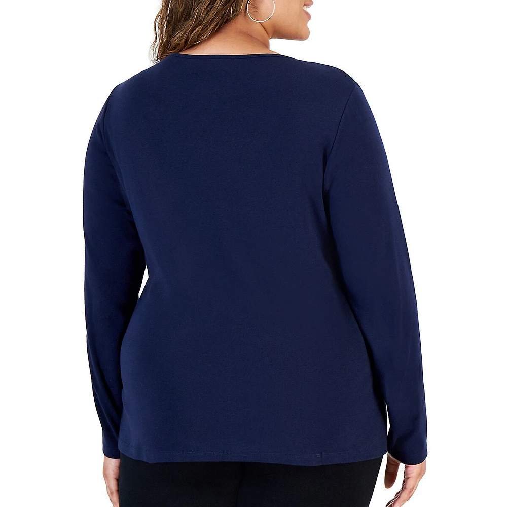 Plus Braided-Neck Long-Sleeve Top