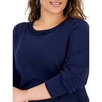 Plus Braided-Neck Long-Sleeve Top