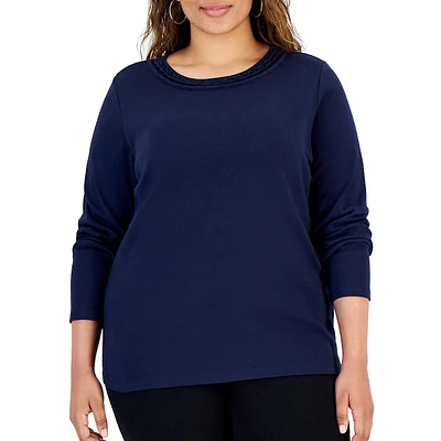 Plus Braided-Neck Long-Sleeve Top