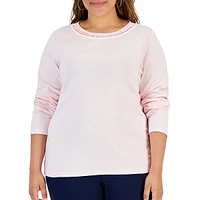 Plus Braided-Neck Long-Sleeve Top