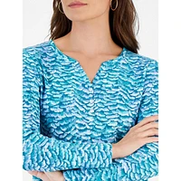 Petite Venetian Strokes Printed Long-Sleeve Henley Top