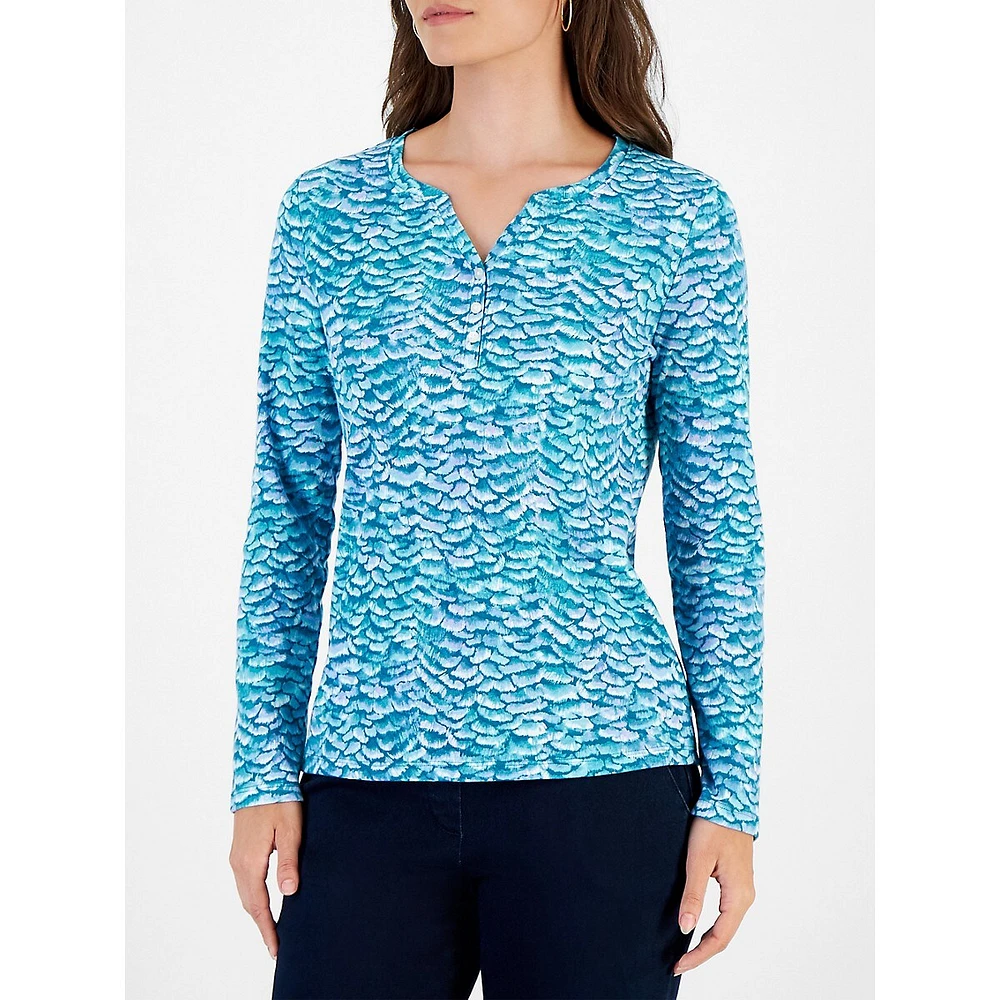 Petite Venetian Strokes Printed Long-Sleeve Henley Top