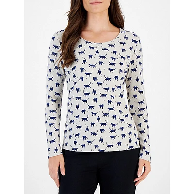 Petite Shadow Play Cat-Print Long-Sleeve Scoopneck Top