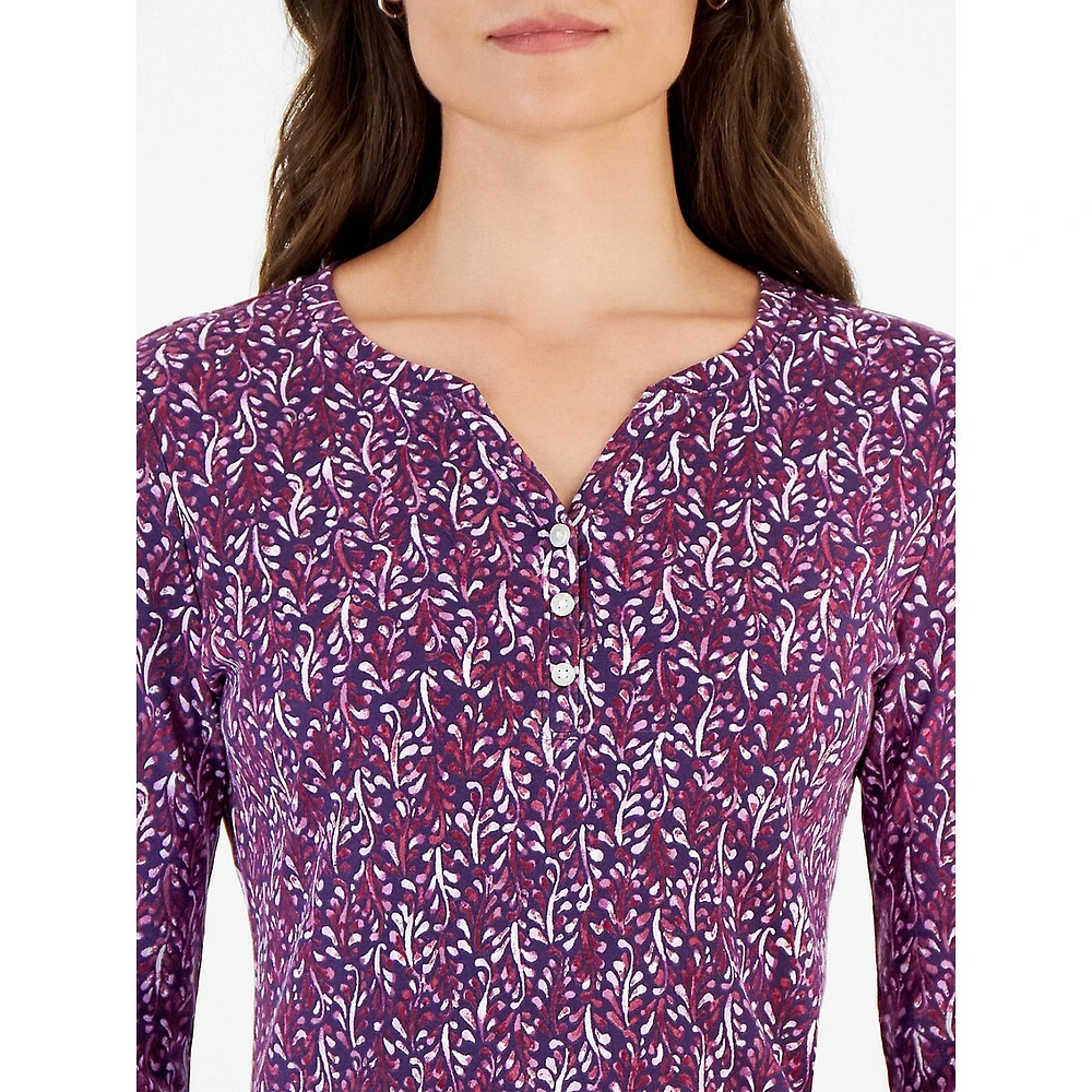 Petite Fern Folly Printed Long-Sleeve Henley Top