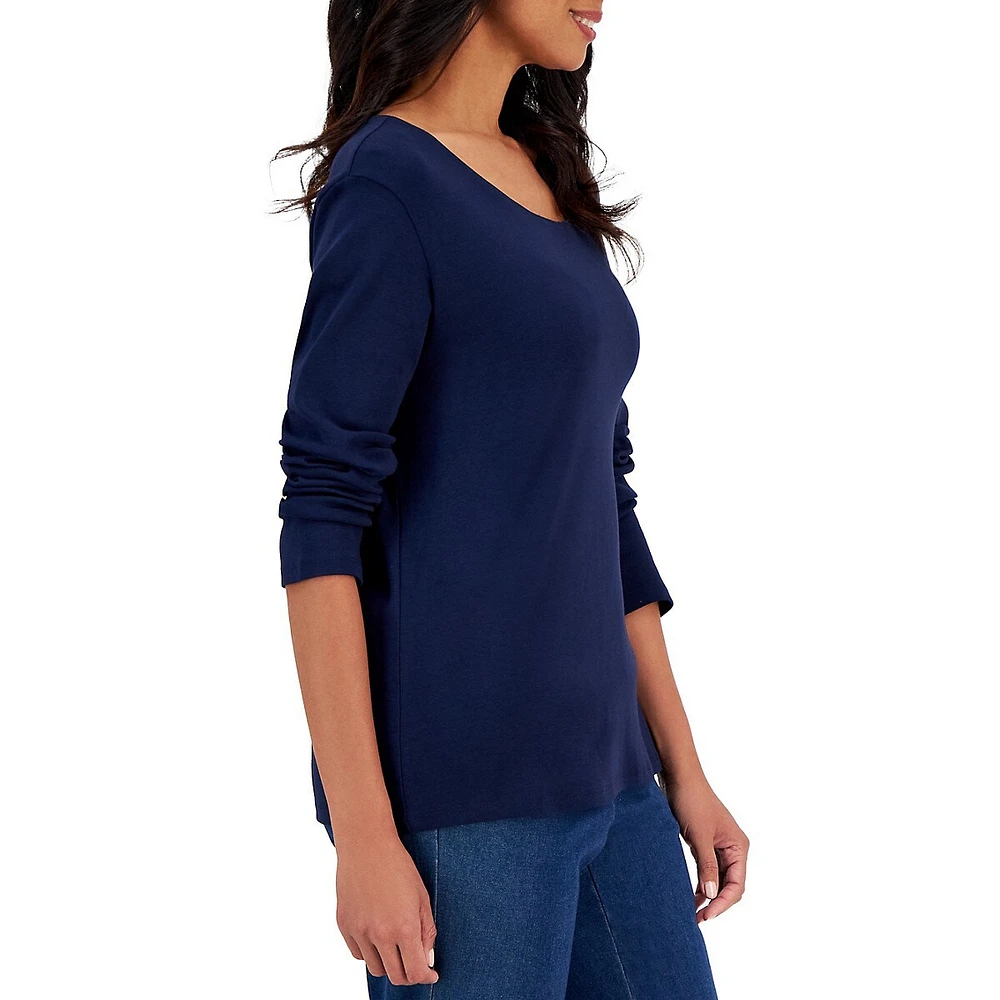 Petite Long-Sleeve Scoopneck Cotton T-Shirt