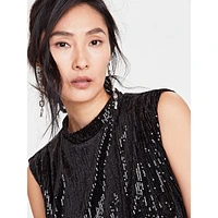 Sequined Sleeveless Mockneck Top