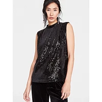 Sequined Sleeveless Mockneck Top