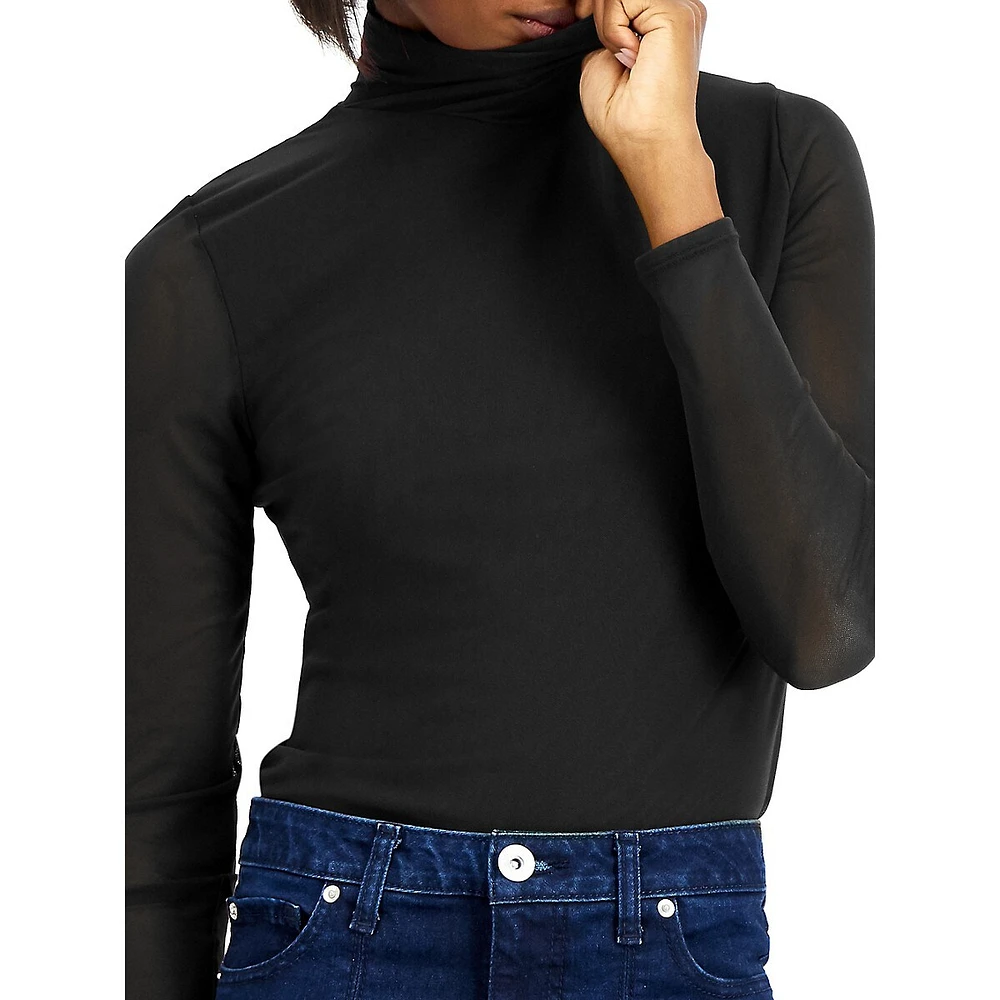 Mesh-Sleeve Turtleneck Top