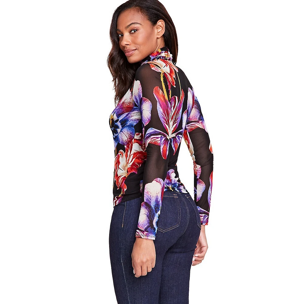 Floral-Print Mesh Turtleneck