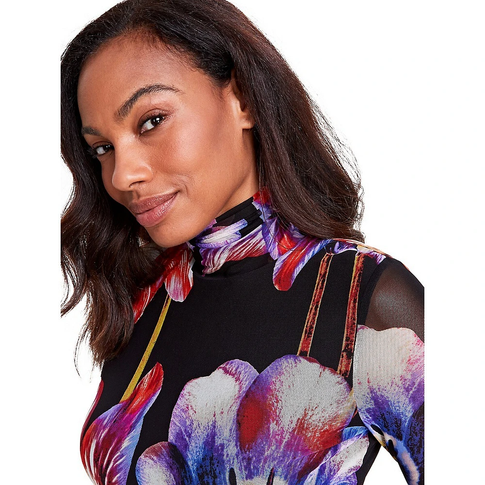 Floral-Print Mesh Turtleneck