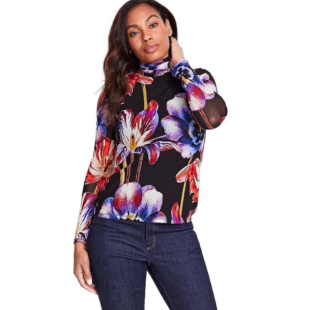 Floral-Print Mesh Turtleneck