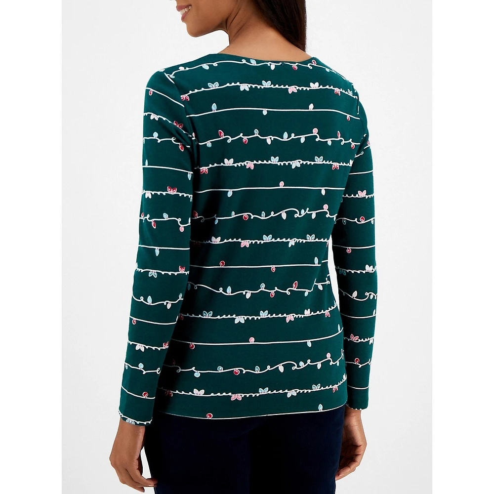 Twinkle Bells-Print Long-Sleeve Scoopneck Top