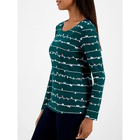 Twinkle Bells-Print Long-Sleeve Scoopneck Top