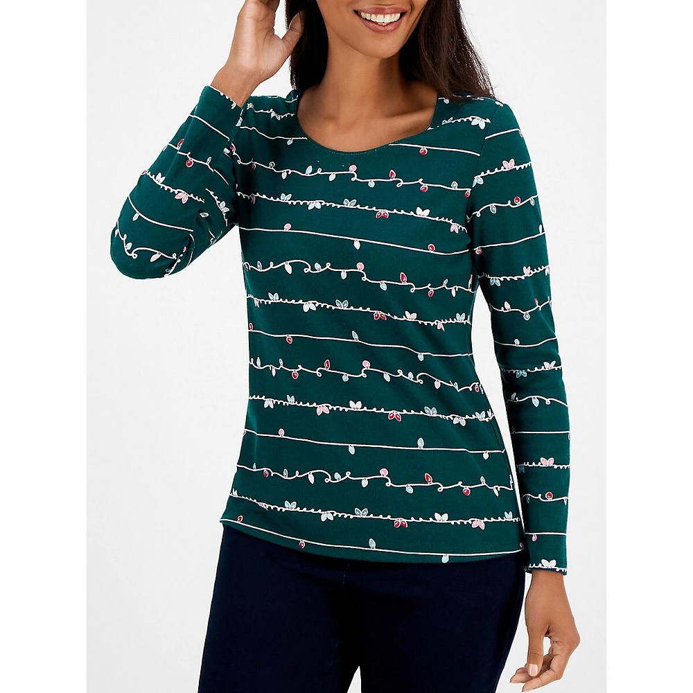 Twinkle Bells-Print Long-Sleeve Scoopneck Top