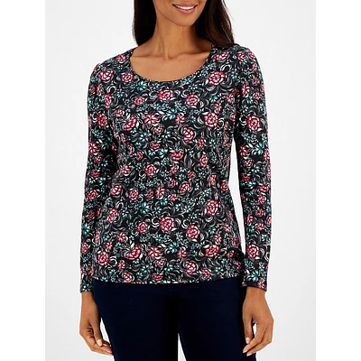 Melody Floral-Print Long-Sleeve Scoopneck Top