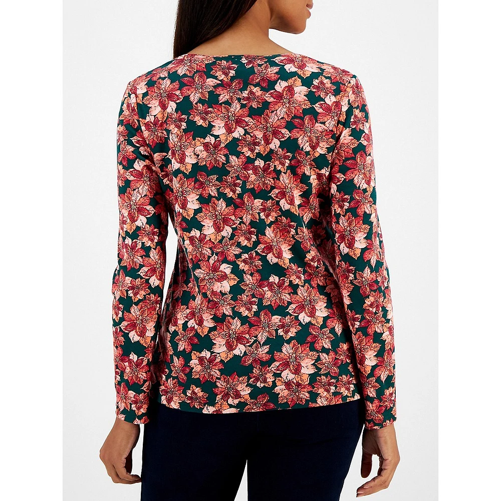 Poinsettia-Print Long-Sleeve Scoopneck Top