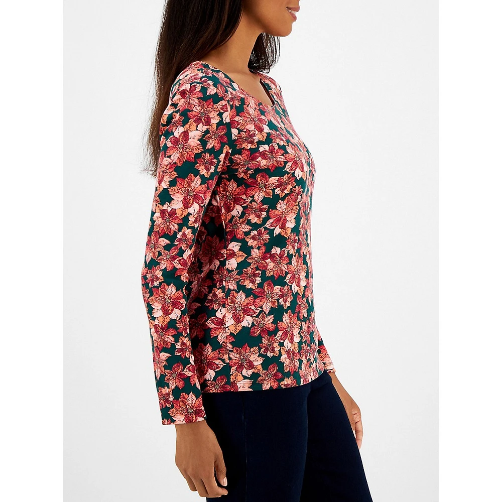 Poinsettia-Print Long-Sleeve Scoopneck Top