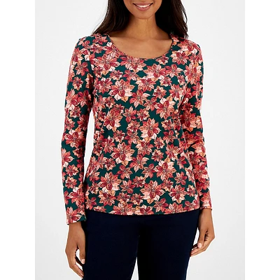 Poinsettia-Print Long-Sleeve Scoopneck Top