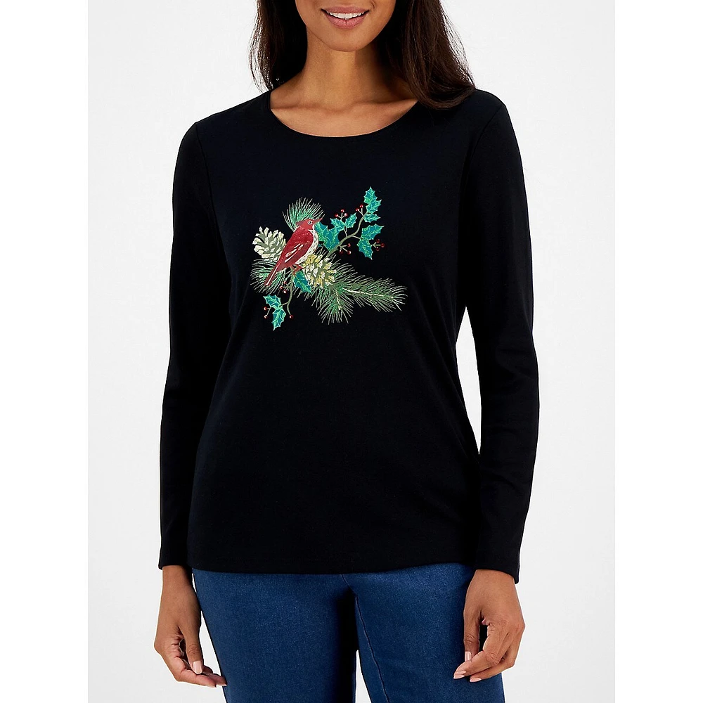 Cardinal-Print Long-Sleeve T-Shirt