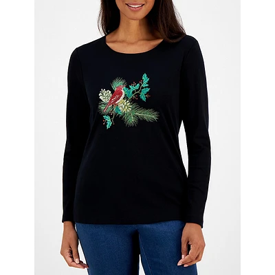 Cardinal-Print Long-Sleeve T-Shirt