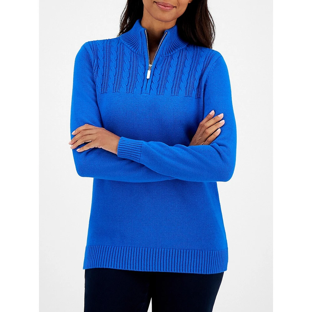 Cable-Knit Quarter-Zip Mockneck Sweater