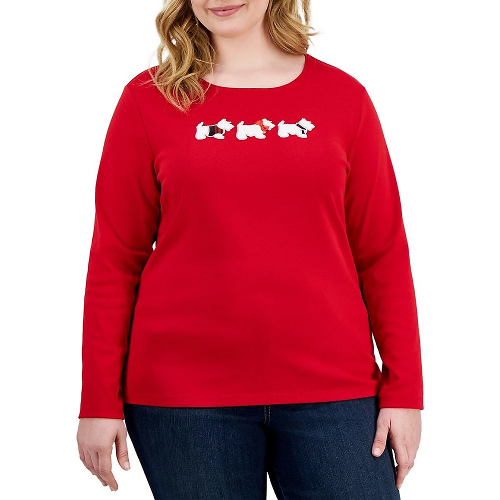 Plus Scottie-Dog Walk Long-Sleeve Top