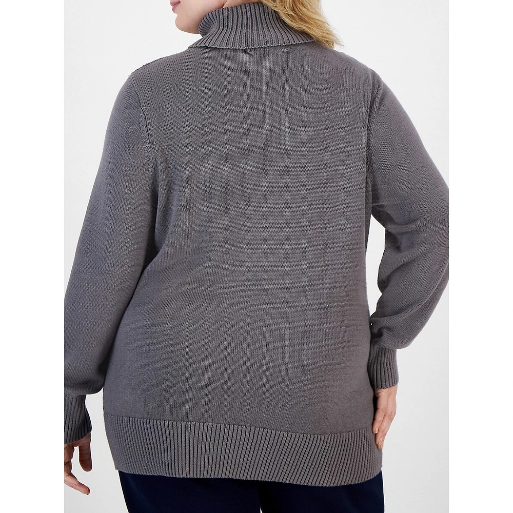 Plus Cable-Front Cotton Turtleneck Sweater