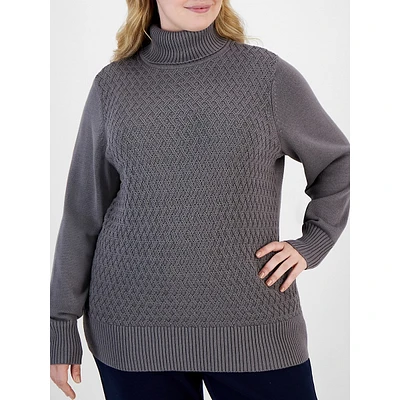 Plus Cable-Front Cotton Turtleneck Sweater