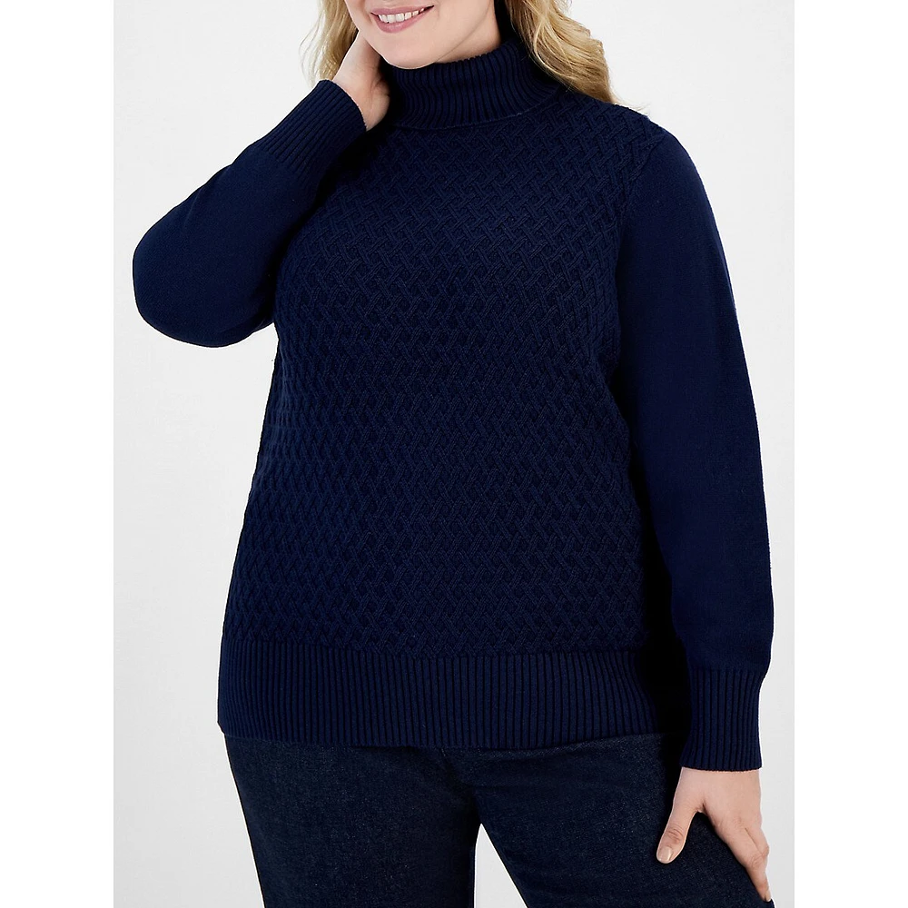 Plus Cable-Front Cotton Turtleneck Sweater