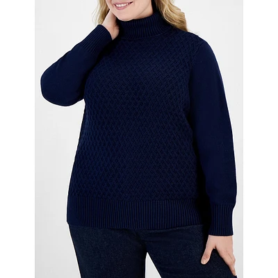 Plus Cable-Front Cotton Turtleneck Sweater
