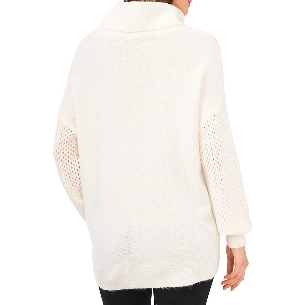 Mesh-Sleeve Turtleneck Sweater