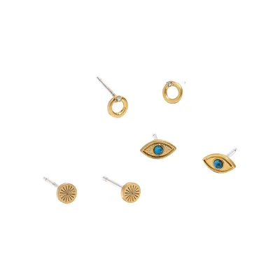 3-Pair Goldplated, Sterling Silver & Crystal Eye Stud Earring Set