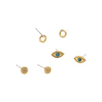 3-Pair Goldplated, Sterling Silver & Crystal Eye Stud Earring Set