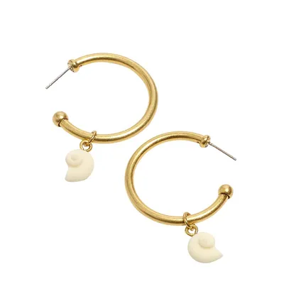 18K Goldplated & Resin Shell Charm Large Hoop Earrings