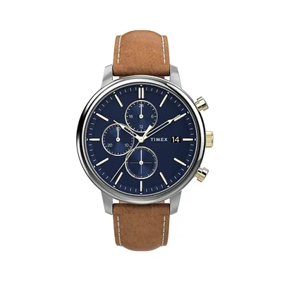 Chicago Blue Dial, Silvertone & Brown Leather-Strap Chronograph Watch