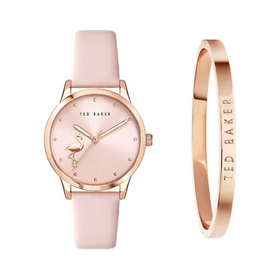 Montre avec bracelet en cuir rose et bracelet jonc rose doré Fitzrovia Flamingo TWG0250009I, deux pièces