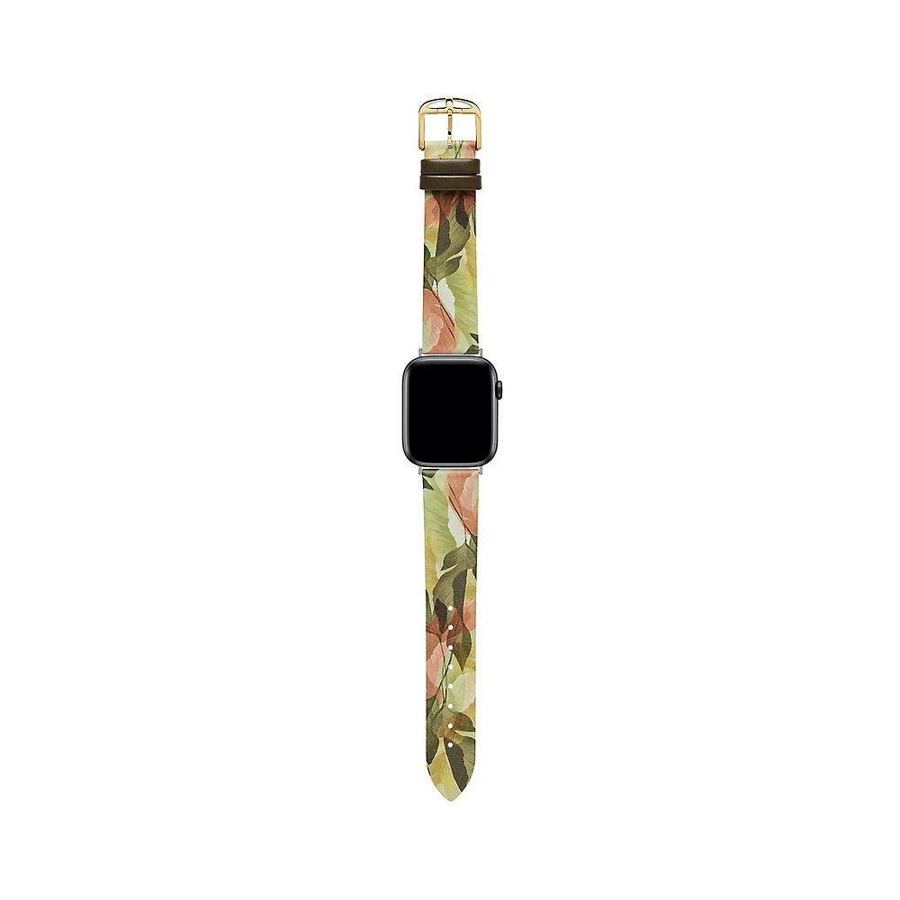 Green & Nude Floral-Print Leather Strap For Apple Watch 20MM