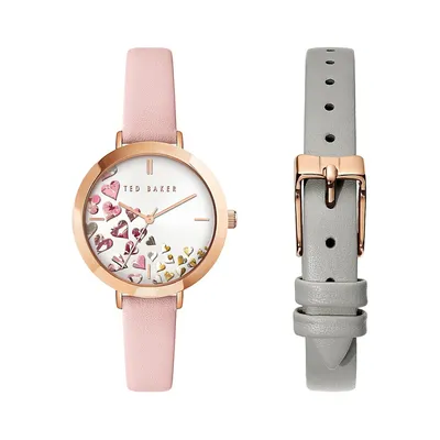 Montre Ammy Hearts avec bracelet en cuir rose et gris et ensemble de 2 bracelets interchangeables BKG0275009I