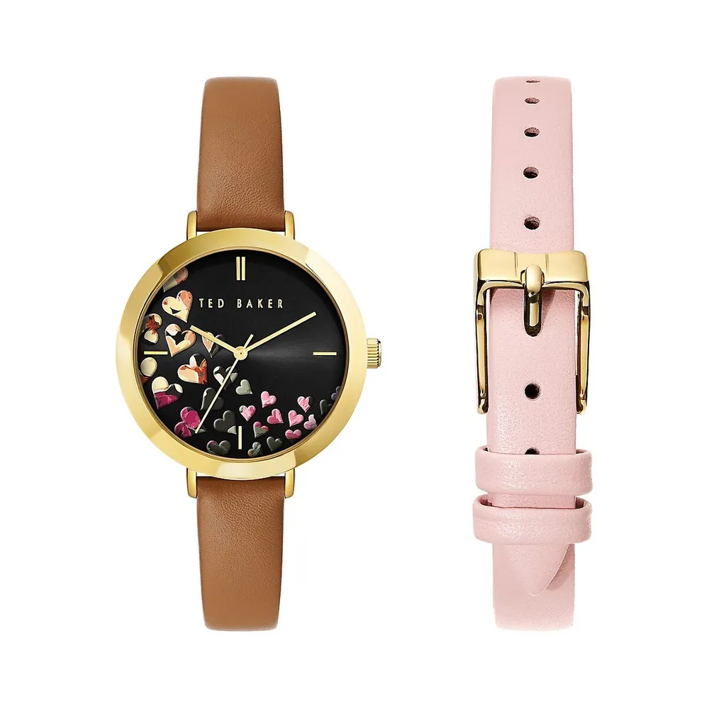 Ammy Hearts Goldtone Stainless Steel Watch & Interchangeable 2-Leather Strap Set ​BKG0280009I